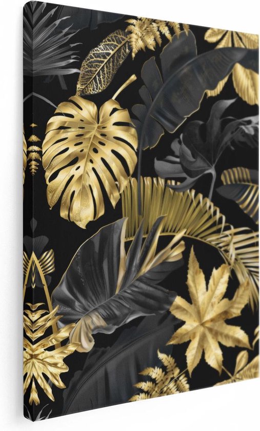 Artaza Canvas Schilderij Gouden Tropische Bladeren - 30x40 - Klein - Foto Op Canvas - Canvas Print