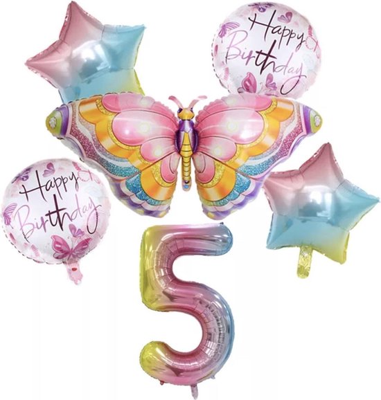 Dieren ballon - 5 jaar ballon - Kinderfeestje - Vijf jaar cijfer ballon - Verjaardagfeest - ballonnen pakket - Kinderfeestje pakket - Vlinder ballonnen pakket