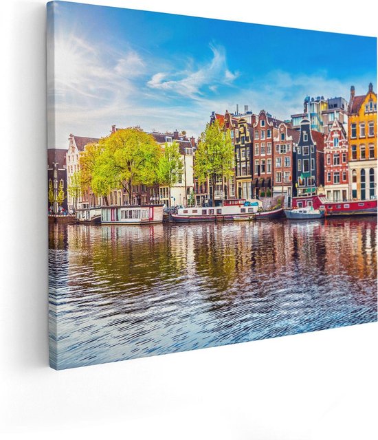 Foto: Artaza canvas schilderij amsterdamse huisjes aan het water 100x80 groot foto op canvas canvas print