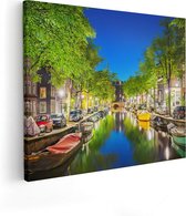 Artaza Canvas Schilderij Amsterdamse Gracht In De Nacht - 100x80 - Groot - Foto Op Canvas - Canvas Print