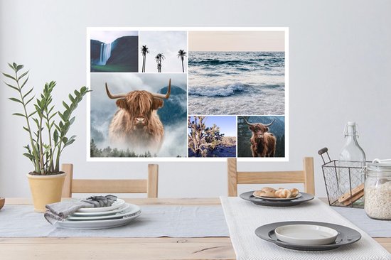 Muurstickers - Sticker Folie - Schotse Hooglander - Collage - Waterval - Palmboom - 90x60 cm - Plakfolie - Muurstickers Kinderkamer - Zelfklevend Behang - Zelfklevend behangpapier - Stickerfolie