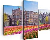 Artaza - Triptyque de peinture sur toile - Maisons d'Amsterdam avec des tulipes - Couleur - 90x60 - Photo sur toile - Impression sur toile