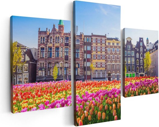 Artaza Canvas Schilderij Drieluik Amsterdamse Huisjes Met Tulpen - Kleur - 90x60 - Foto Op Canvas - Canvas Print