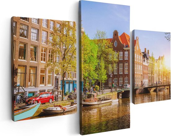 Artaza Canvas Schilderij Drieluik Amsterdamse Gracht Tijdens Zonsondergang - 90x60 - Foto Op Canvas - Canvas Print