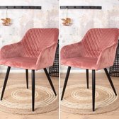 Eetkamerstoel Gaby - stoel - armstoel - industrieel - velvet - velours - fluweel - roze - zwart metaal - met armleuning - set van 2