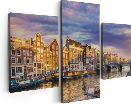 Artaza Canvas Schilderij Drieluik Amsterdamse Gracht In De Nacht Met Sterren - 90x60 - Foto Op Canvas - Canvas Print