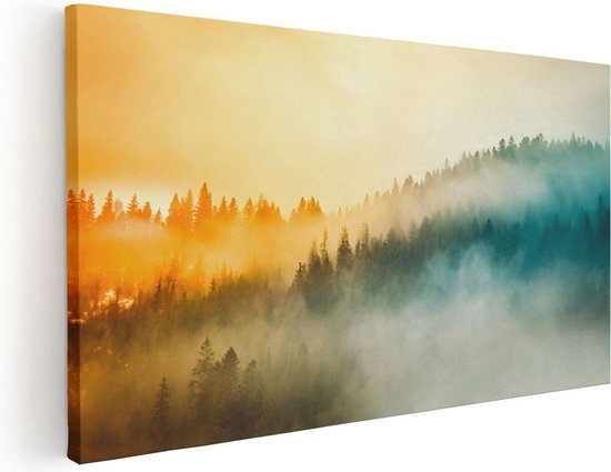 Artaza Canvas Schilderij Kleurrijke Zonsopgang In Het Bos Met Mist - 40x20 - Klein - Foto Op Canvas - Canvas Print