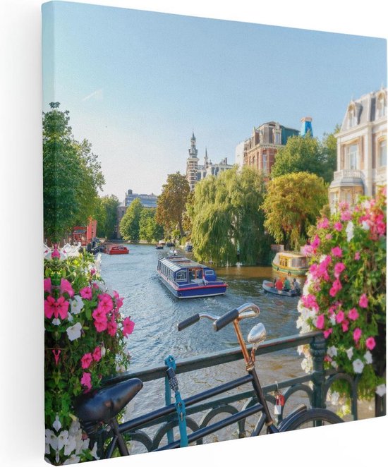 Artaza - Canvas Schilderij - Amsterdamse Kanaal Met Bloemen - Foto Op Canvas - Canvas Print