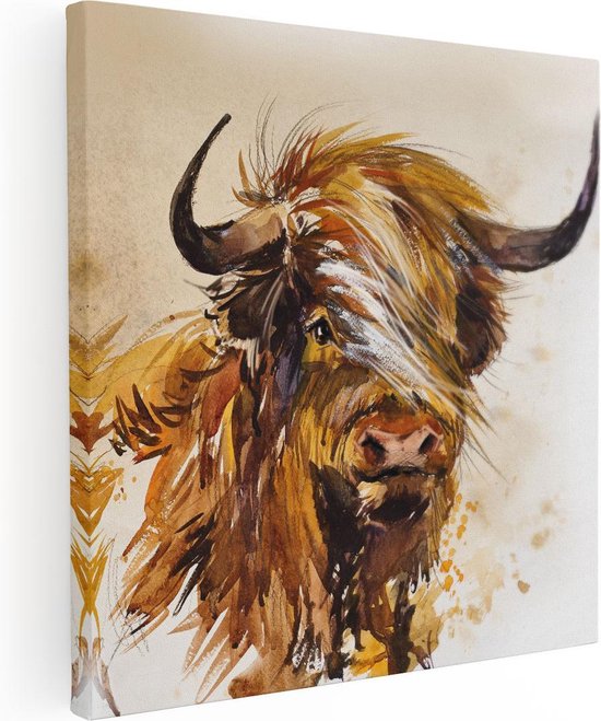 Artaza Canvas Schilderij Schotse Hooglander Koe - Abstract - 90x90 - Groot - Foto Op Canvas - Canvas Print