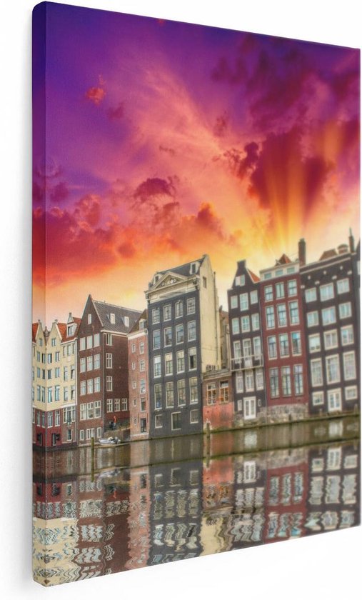 Artaza Peinture sur toile Maisons d'Amsterdam près du canal - Couleur - 60x80 - Photo sur toile - Impression sur toile