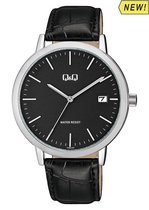 Q&Q heren horloge-datum aanduiding-zwarte wijzerplaat-zwart lederen band-A486J302