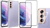 Samsung Galaxy S21 FE Hoesje - Anti Shock Proof Siliconen Back Cover Case Hoes Transparant - Full Tempered Glass Screenprotector - Camera Lens Protector