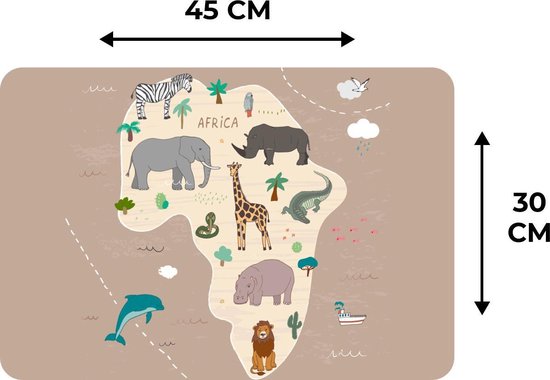Set de table - Carte du Wereldkaart - Enfants - Afrique - Animaux - Kids - Garçons - Filles - 45x30 cm - 6 pièces - Résistant à la chaleur - Antidérapant - Coussinet - Amovible