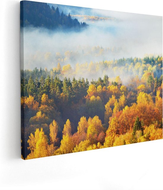 Artaza Canvas Schilderij Gekleurde Herfstbos Met Mist - 50x40 - Foto Op Canvas - Canvas Print