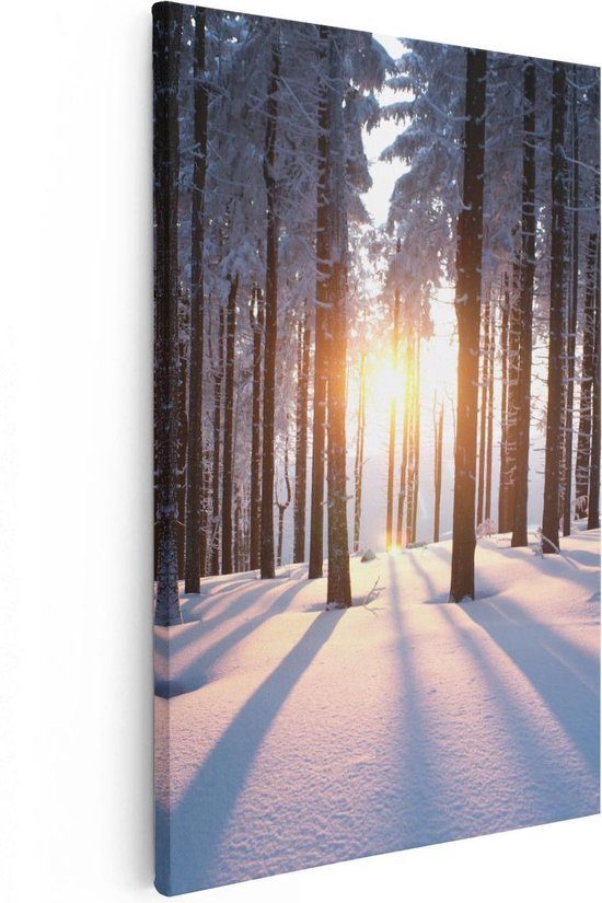 Artaza - Canvas Schilderij - Bos Met Sneeuw Tijdens De Zonsondergang - Foto Op Canvas - Canvas Print