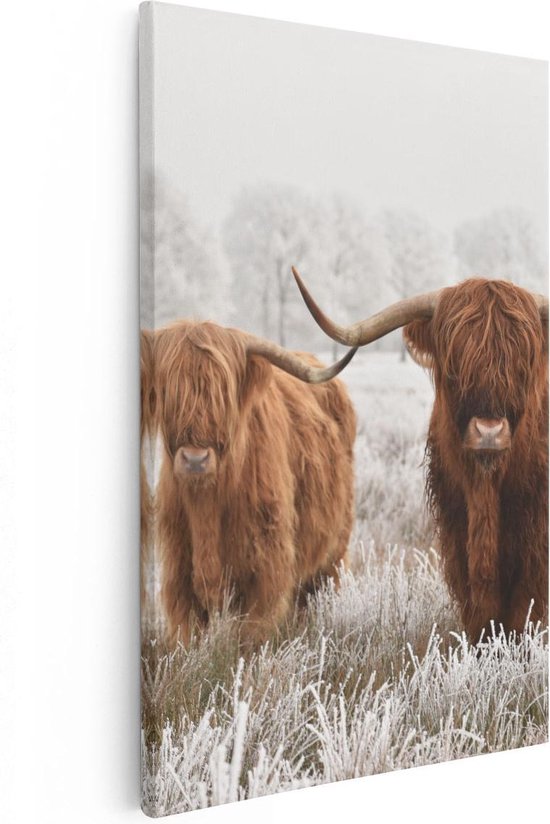 Artaza Canvas Schilderij Twee Schotse Hooglander Koeien In De Wei - 40x60 - Poster Foto op Canvas - Canvas Print