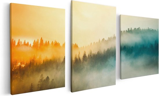 Artaza Canvas Schilderij Drieluik Kleurrijke Zonsopgang In Het Bos Met Mist - 120x60 - Foto Op Canvas - Canvas Print