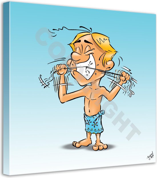 Tandarts Cartoon op canvas - Roland Hols - Flossen - 90 x 90 cm - Houten frame 4 cm dik - Orthodontist - Mondhygiënist