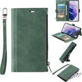 Voor Samsung Galaxy S21 FE 5G Side Zipper Back Card Horizontale Flip PU Leather Case met Kaartsleuven & Portemonnee & Fotolijst & Lanyard (Groen)