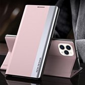 Side gegalvaniseerde magnetische ultradunne horizontale flip lederen hoes met houder voor IPhone 13 Pro (roze)