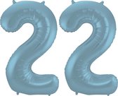 De Ballonnenkoning - Folieballon Cijfer 22 Blauw Pastel Metallic Mat - 86 cm