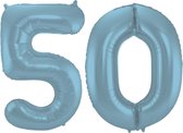 De Ballonnenkoning - Folieballon Cijfer 50 Blauw Pastel Metallic Mat - 86 cm