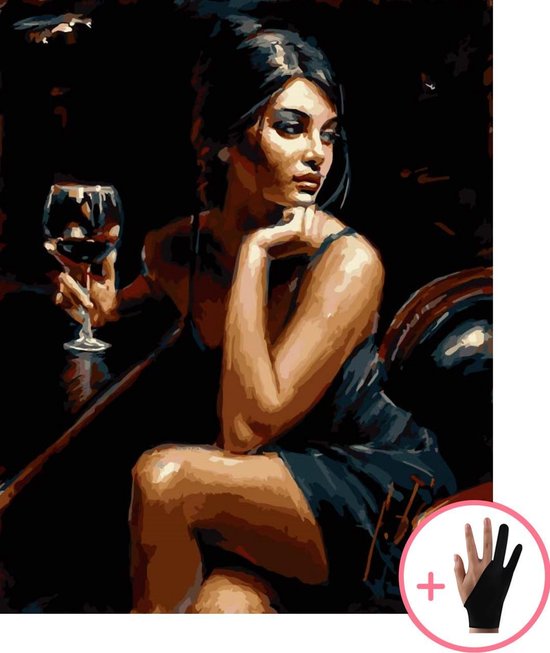 HobbyMania Schilderen Op Nummer Volwassenen Dame Aan De Bar Wijn Vrouw – 40x50 cm - Inclusief Tekenhandschoen - Paint By Number Volwassenen