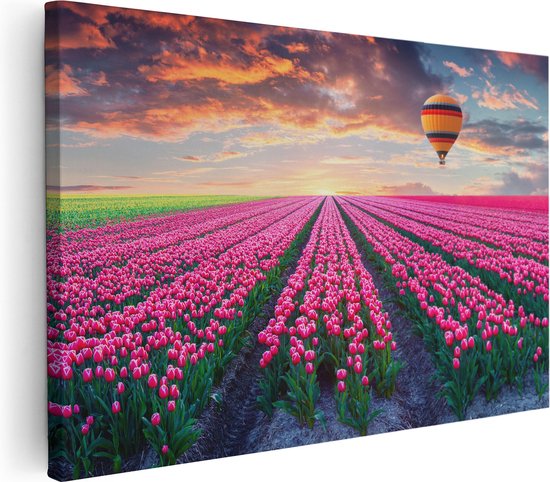 Artaza Canvas Schilderij Bloemenveld Met Roze Tulpen - Luchtballon - 120x80 - Groot - Foto Op Canvas - Wanddecoratie Woonkamer