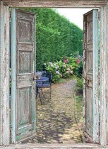 Tuinposter - 95x130 cm - openslaande deuren - stoel en tafeltje met hortensia's - tuindoek - schuttingposter - muurposter - tuin decoratie