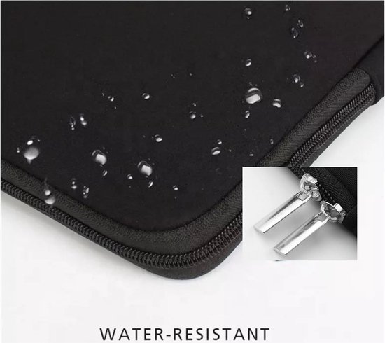 Housse d'ordinateur portable noire avec des gouttes d'eau et le texte "WATER-RESISTANT". Double tirette de fermeture éclair argentée.