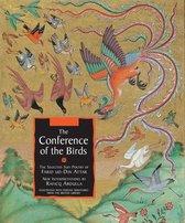 Boek kaft met de titel "The Conference of the Birds" in het midden, omringd door veel kleurrijke Perzische miniatuurvogels en een feniks.