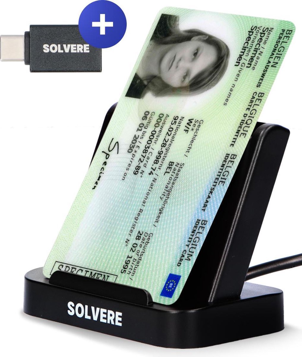 Solvere eID Kaartlezer Identiteitskaartkaart met extra USB C - ID Kaartlezer - Card Reader België - Voor Mac & Windows & Linux - eID Reader - Apple - Solvere