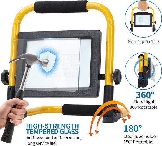 LED DE TRAVAIL À LED - ANTI-CHOC IP44 - 30W 2700LUMEN - 6500K DAYLIGHT WHITE - INCL. FICHE DE CONNEXION 150CM