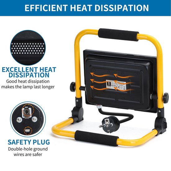 LAMPE DE TRAVAIL À LED - RÉSISTANT AUX CHOCS IP44 - 50W 4500LUMEN - 6500K BLANC LUMIÈRE DU JOUR - INCL. FICHE DE CONNEXION 150CM