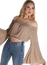 Pretty Wind, Crop Top, Top met Wijde Mouwen, Off-Shoulder, Camel