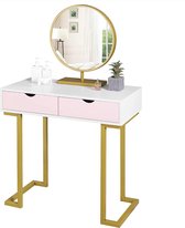 Luxury Buy® kaptafel- make-up tafel met ronde spiegel, commode met 2 grote laden, modern, wit + roze + goud