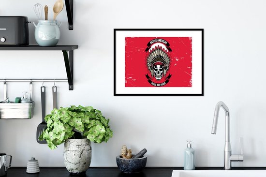Fotolijst incl. Poster - Doodskop - Indianentooi - Vintage - Tekening - 40x30 cm - Posterlijst