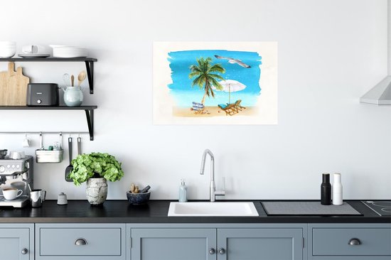 Poster Chaise de plage - Parasol - Palmiers - Plage - 90x60 cm