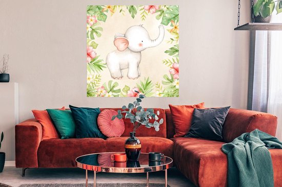 Affiche Jungle - Chambre d'enfants - Fleurs - Éléphant - 100x100 cm XXL
