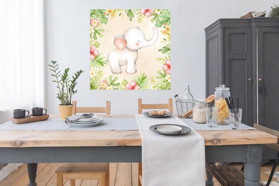 Affiche Jungle - Chambre d'enfants - Fleurs - Éléphant - 100x100 cm XXL