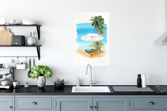 Poster Chaise de plage - Parasol - Palmier - Mer - 60x90 cm