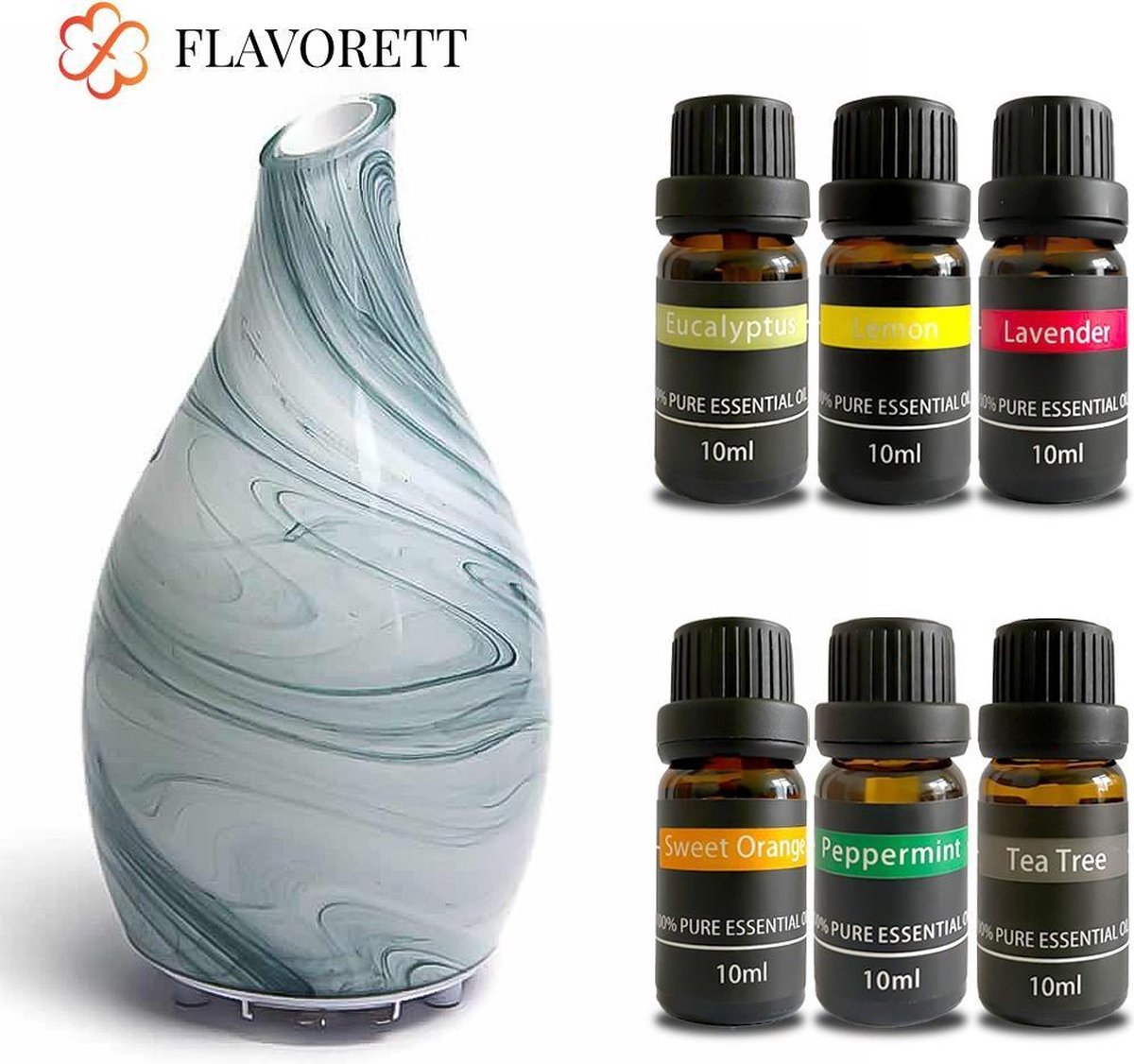 Flavorett Glazen Aroma diffuser Incl. 6 Etherische Olie Luchtbevochtiger