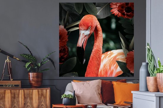 Stickers muraux - Film autocollant - Flamingo - Fleurs - Feuilles - Ressorts - 120x120 cm - Film adhésif - Stickers muraux Chambre d'enfant - Papier peint autocollant XXL