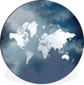 WallCircle - Wandcirkel - Muurcirkel - Wereldkaart - Waterverf - Blauw - Aluminium - Dibond - ⌀ 90 cm - Binnen en Buiten