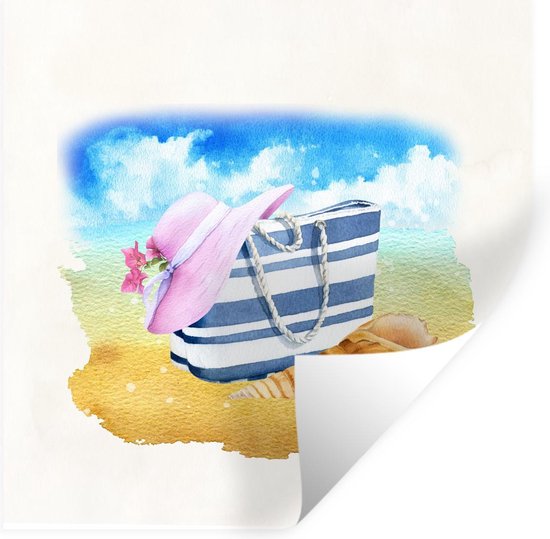 Stickers muraux - Sac de plage - Chapeau - Coquillage - Plage - 80x80 cm - Film adhésif