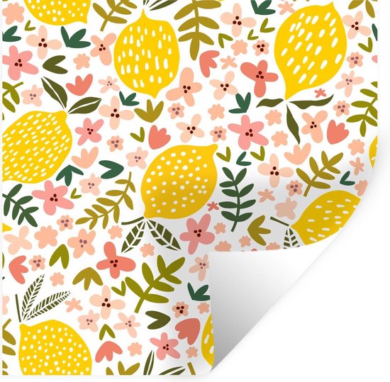 Muurstickers - Sticker Folie - Bloemen - Citroen - Bladeren - Zomer - 100x100 cm - Plakfolie - Muurstickers Kinderkamer - Zelfklevend Behang XXL - Zelfklevend behangpapier - Stickerfolie