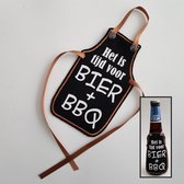 Zwart schortje voor bierfles met "Het is tijd voor bier + bbq" - biertje, cadeautje, pilsje, barbeque, eten, zomer