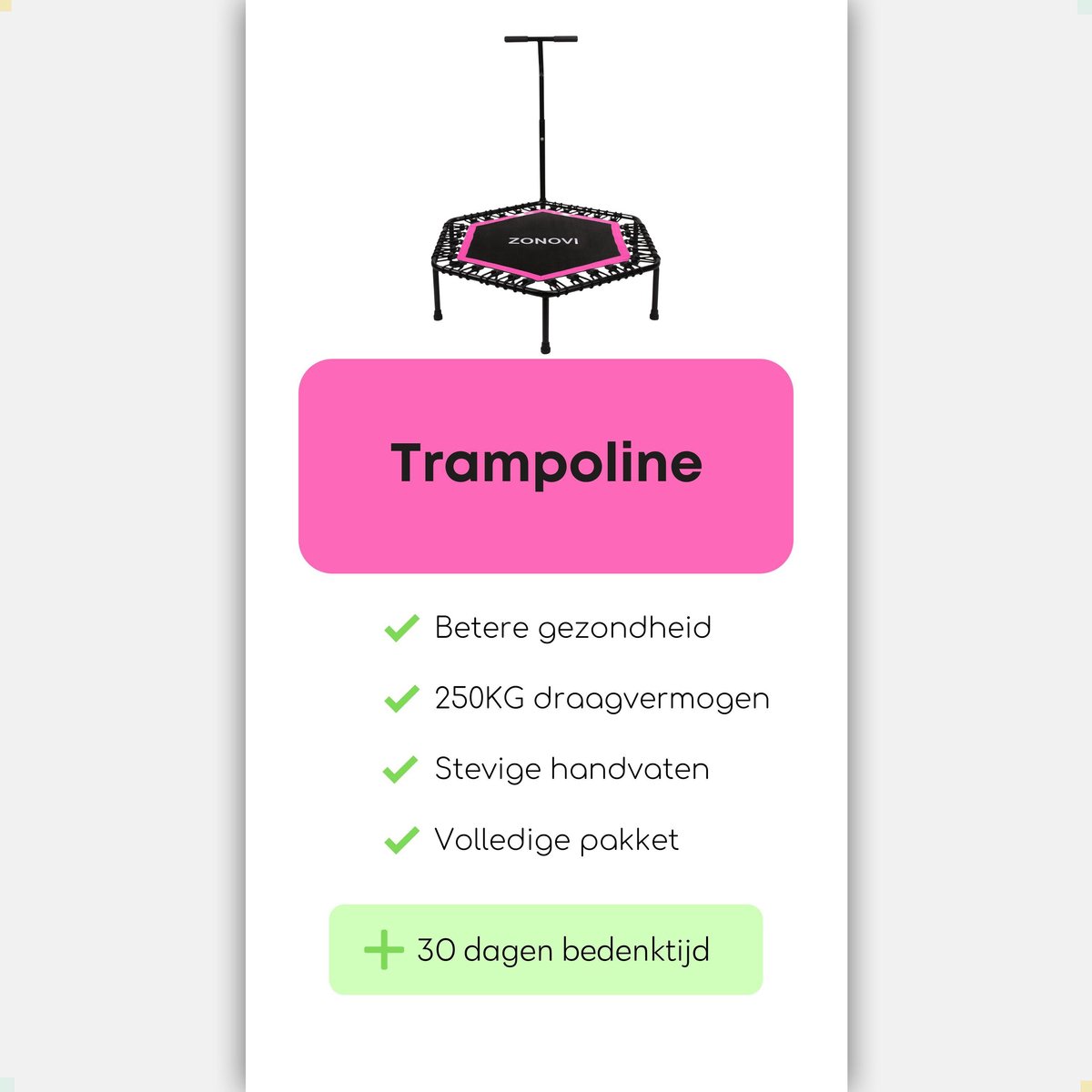 Zonovi Fitness Trampoline - Draagkracht 250 KG – Mini Trampoline – Kleine Trampoline – Sport Trampoline – Met Elastieken – Rebounder - Binnen - Indoor - Volwassenen - Handvat - Peuter - Met Stang - Bouncer - Zwart – Roze – 106 cm – 42 inch. — afbeelding 8