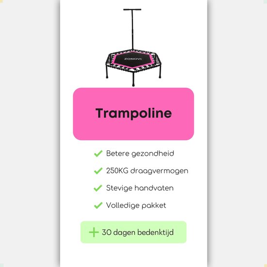 Zwarte hexagonale trampoline met roze accenten en tekst "Trampoline".