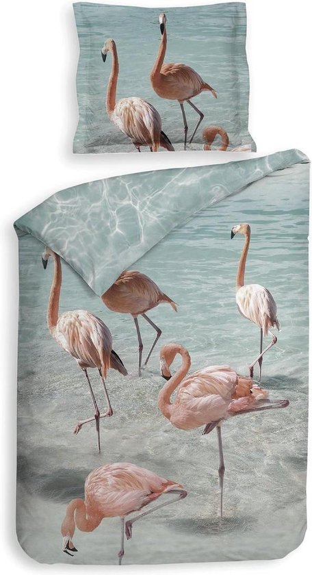 Premium Biologisch Katoen/Satijn Eenpersoons Dekbedovertrek Flamingo's | 140x200/220 | Luxe En Comfortabel | Hoogwaardige Kwaliteit